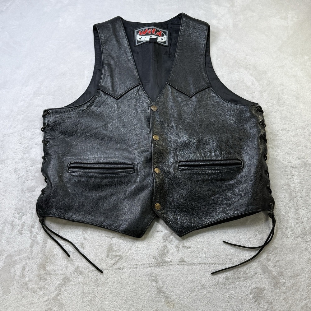Vintage Wild Rider Black Leather Motorcycle Biker Vest Lace Up Sides Men XL